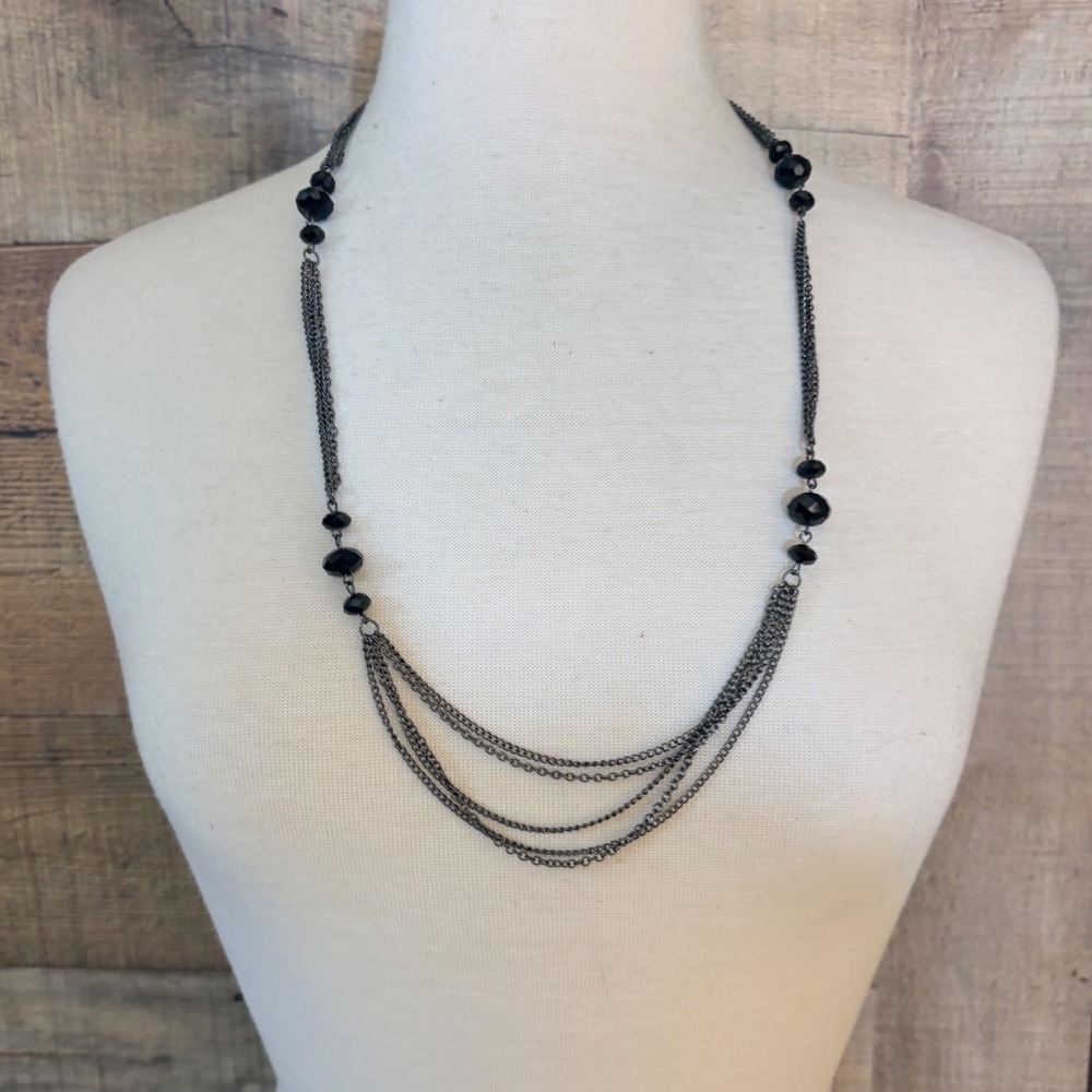 Gunmetal Multi Strand Layered Necklace with Faceted Black Beads 30 Inch